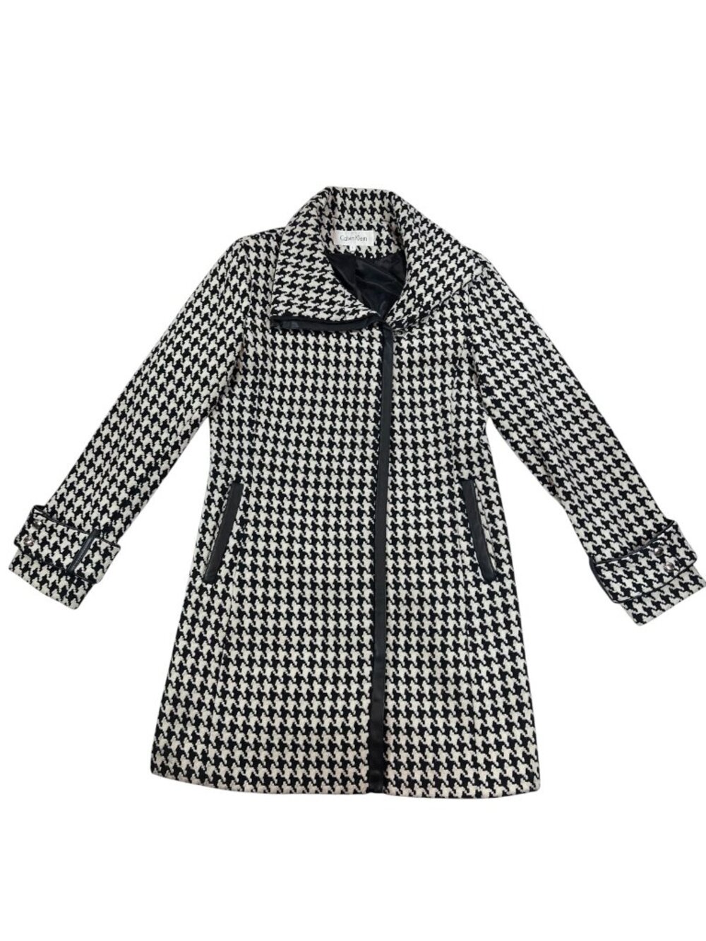 Calvin Klein Houndstooth Wool Blend Zip Coat Black White Faux Leather Trim Women